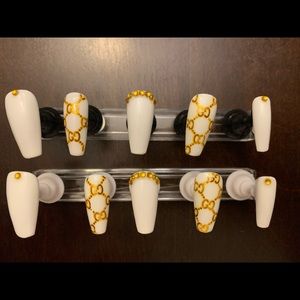 White and gold Louis Vuitton with gold rhinestones Press On nails